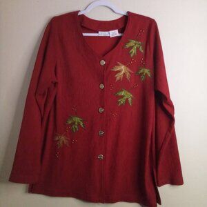 Blair Boutique Blouse Cardigan Women M Button Up Textured Leaves Fall Red